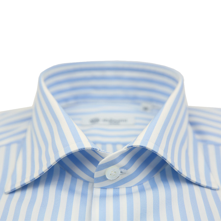 Poplin Semi Spread Shirt - White / Sky Blue - Butcher Stripe - Regular Fit