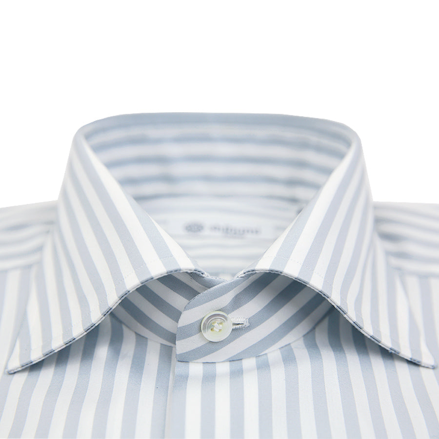 Poplin Semi Spread Shirt - White / Light Grey - Butcher Stripe - Regular Fit