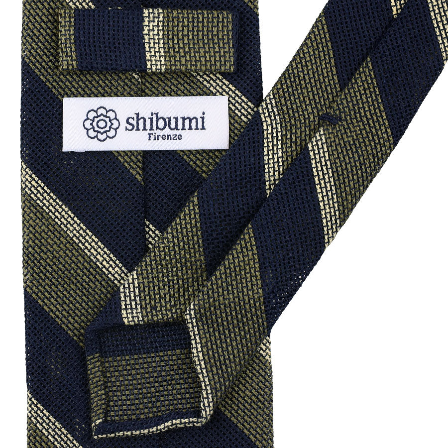 Striped Fina Grenadine Silk / Linen Tie - Navy / Olive