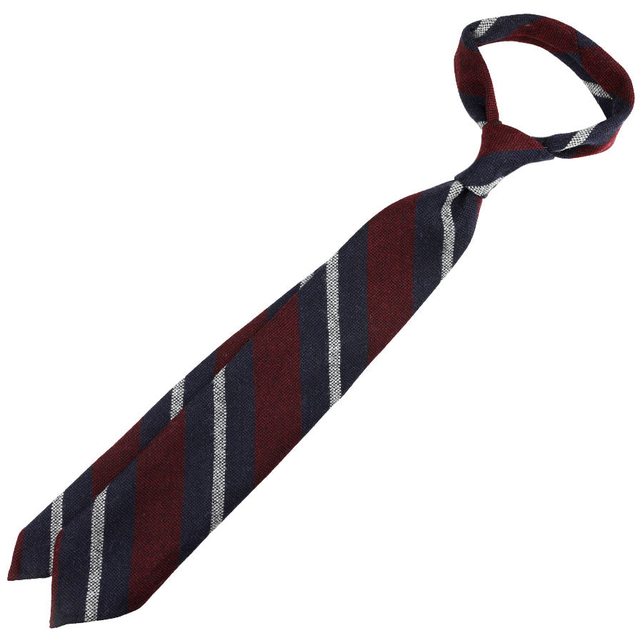 Striped Wool Tie - Burgundy / Navy / Ivory - Hand-Rolled