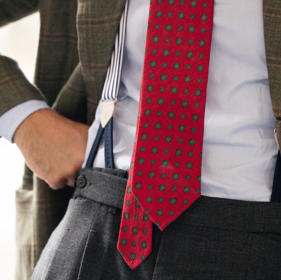 Floral Printed Linen Tie - Red - Hand-Rolled