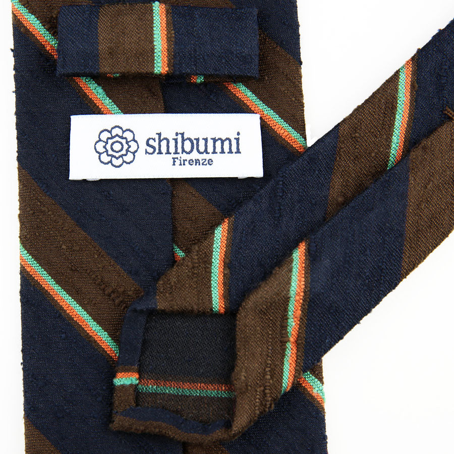 Striped Shantung Silk Tie - Navy / Brown - Hand-Rolled