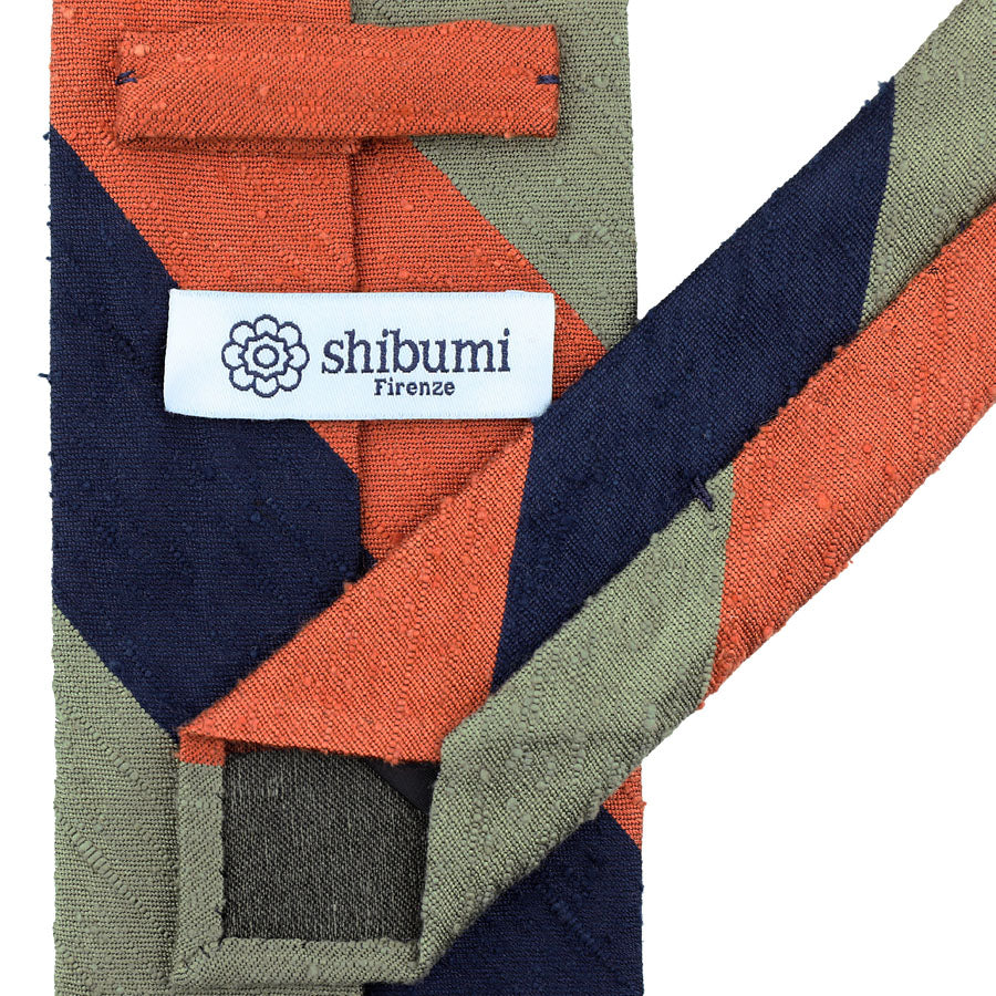 Triple Block Stripe Shantung Silk Tie - Navy / Olive / Orange