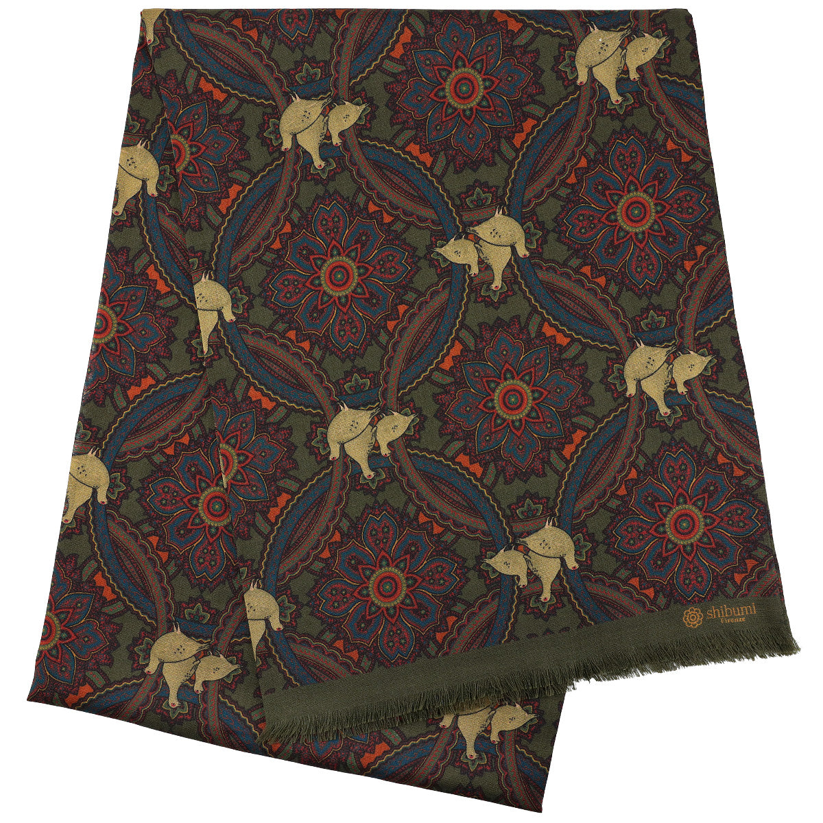 Animal Printed Wool / Silk Scarf - Dark Olive