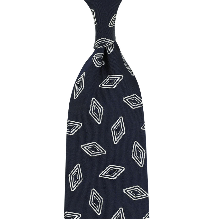 Geometrical Jacquard Silk Tie - Navy - Hand-Rolled