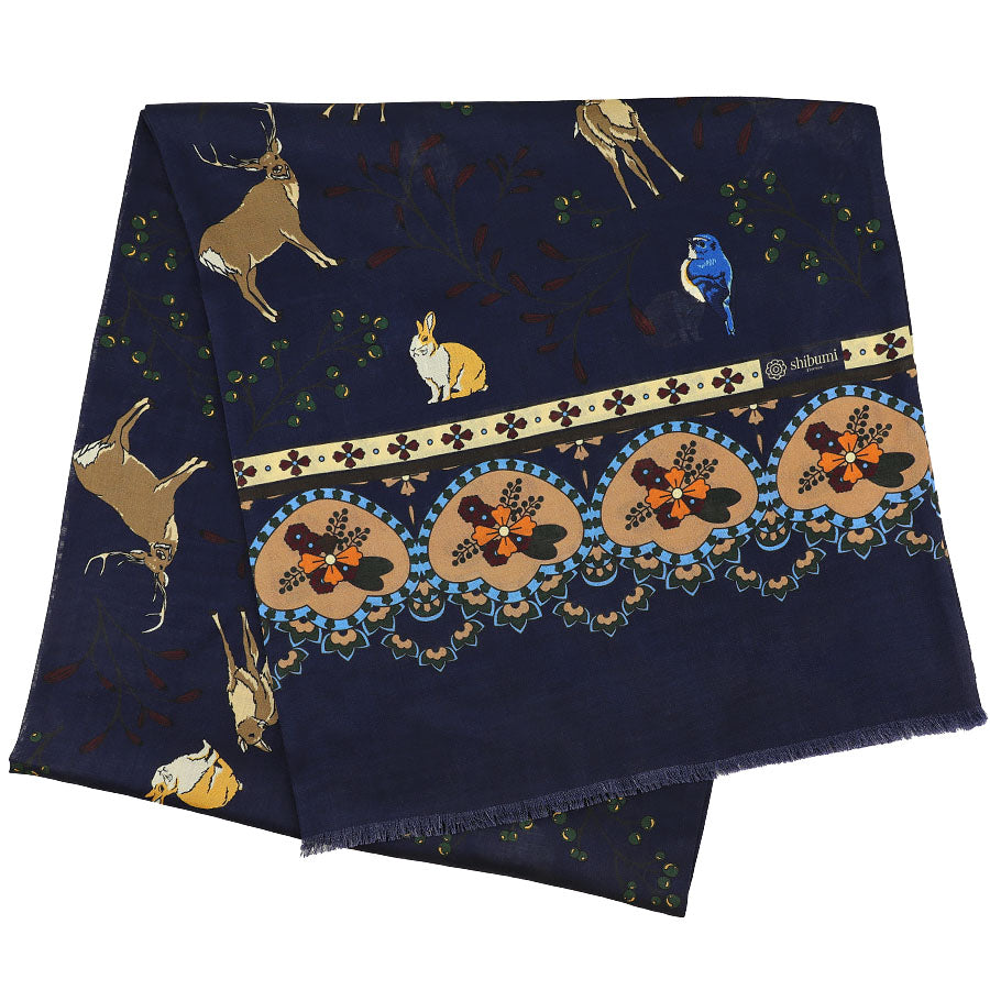 Animal Printed Wool / Silk Scarf - Navy