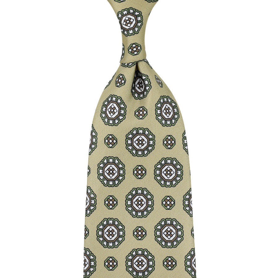 Vintage Printed Silk Tie - Beige - Hand-Rolled