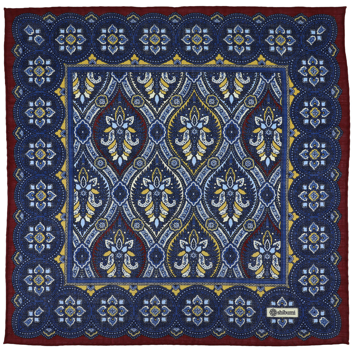 Paisley Motif Wool / Silk Pocket Square - Burgundy / Navy