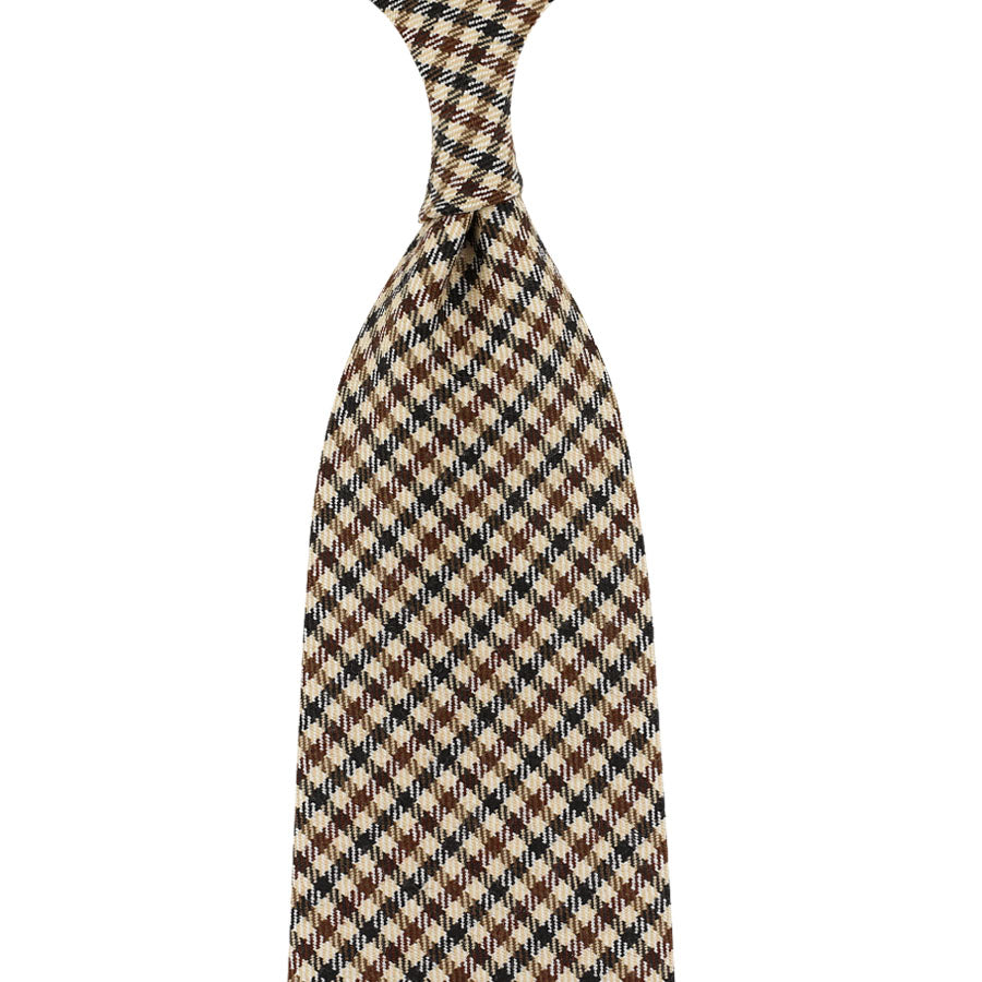 A. Moon Checked Wool Tie - Brown - Hand-Rolled