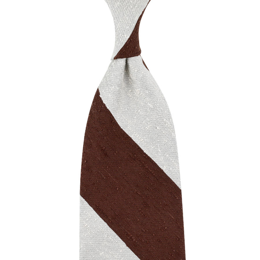 Block Stripe Shantung Silk Tie - White / Brown
