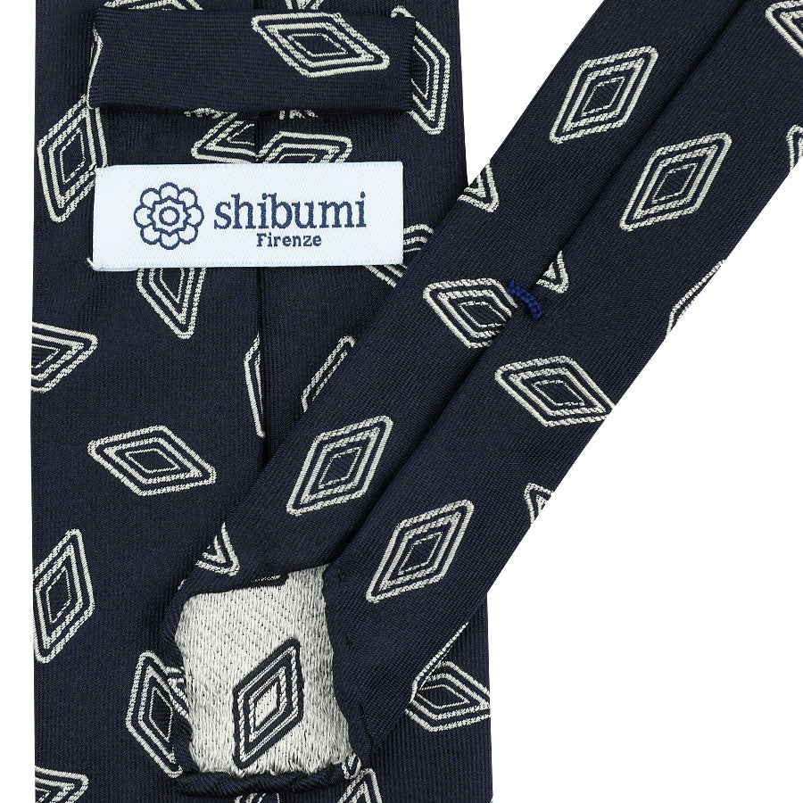 Geometrical Jacquard Silk Tie - Navy - Hand-Rolled