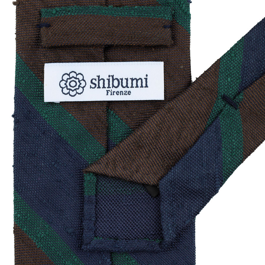 Striped Soft Shantung Silk Tie - Brown / Navy / Forest
