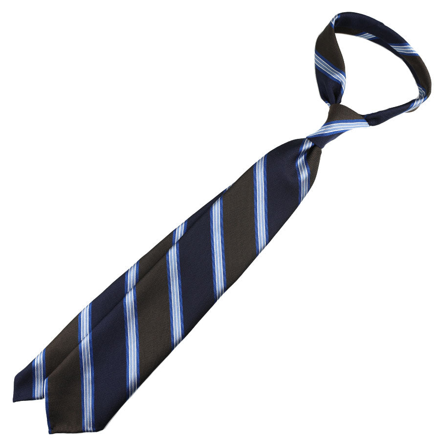 Repp Stripe Silk Tie - Navy / Brown - Hand-Rolled