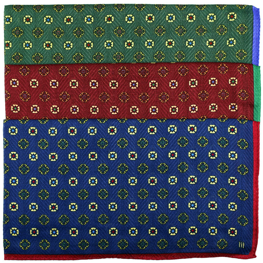 3x Floral Motif Cotton Handkerchief Set - Navy / Burgundy / Forest
