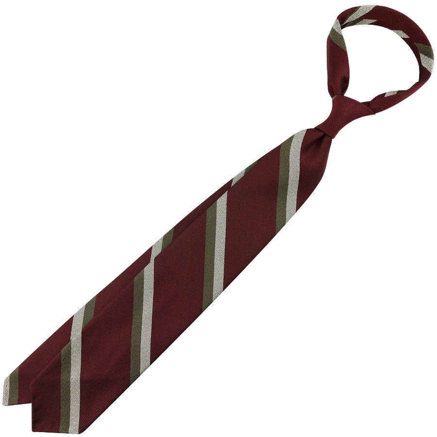 Repp Stripe Silk / Cotton Tie - Burgundy / Olive / Ivory