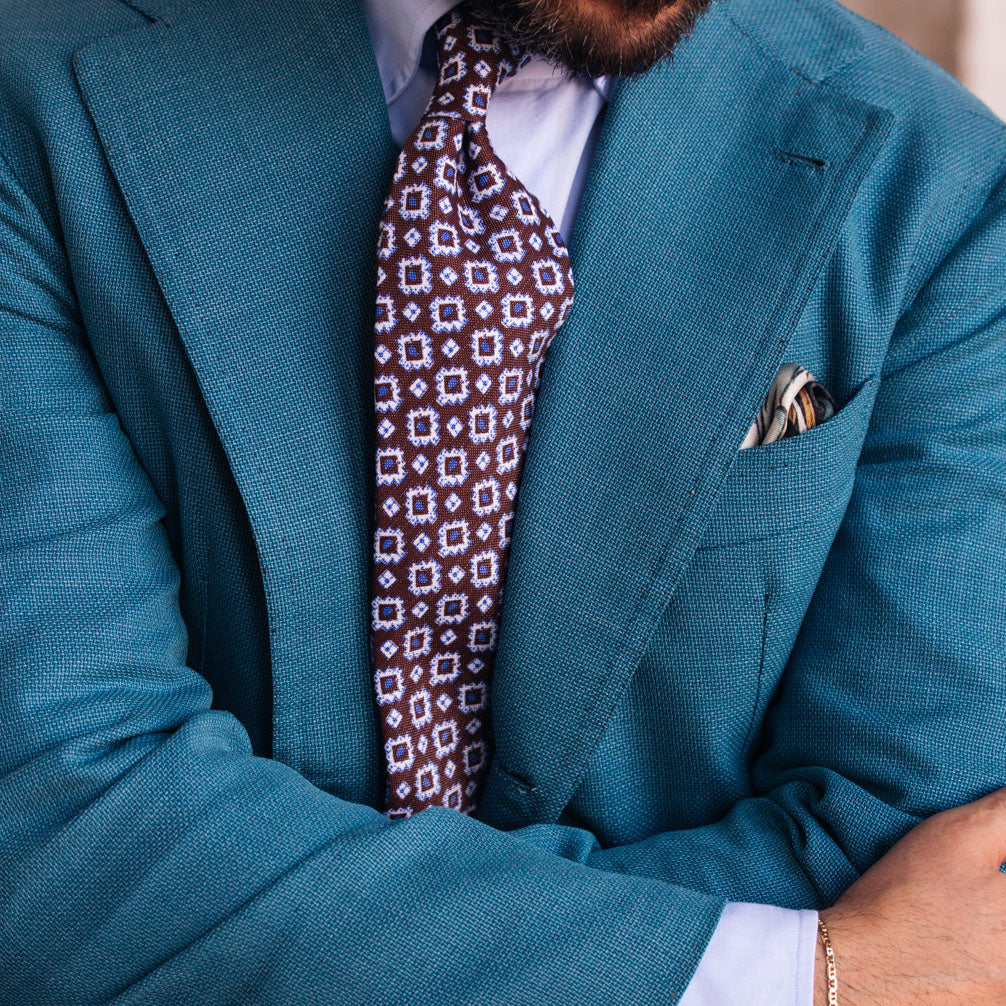 Floral Printed Silk / Linen Tie - Brown - Hand-Rolled