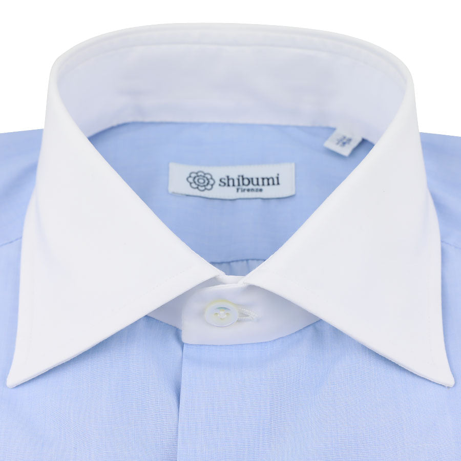 Poplin Semi Spread Shirt - Sky Blue / White - Contrast Collar Shibumi Firenze Poplin Semi Spread Shirt - Sky Blue / White - Contrast Collar Shibumi Firenze