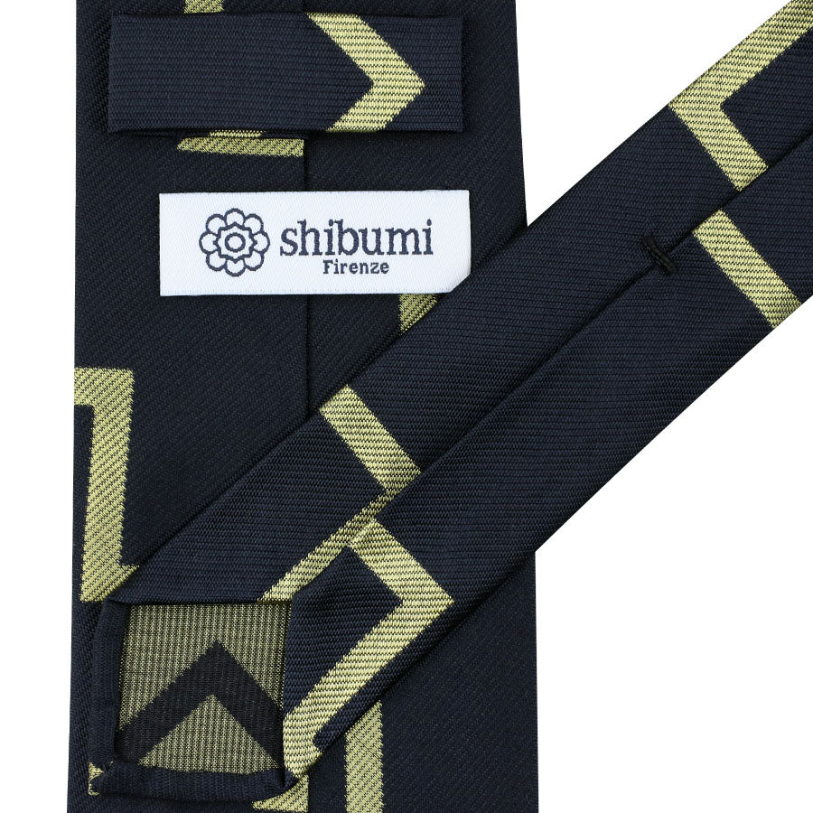 Artillery Repp Stripe Silk Tie - Midnight / Pale Yellow - Hand-Rolled