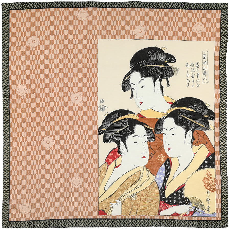Ukiyo-e Motif Cotton Handkerchief - Brown