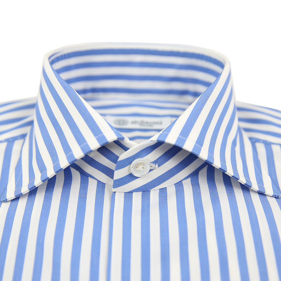 Poplin Semi Spread Shirt - White / Blue - Butcher Stripe - Regular Fit