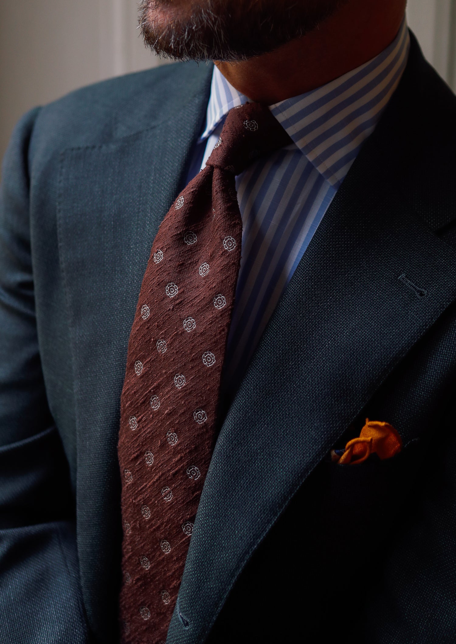 Shibumi-Flower Shantung Silk Tie - Beech Brown - Hand-Rolled