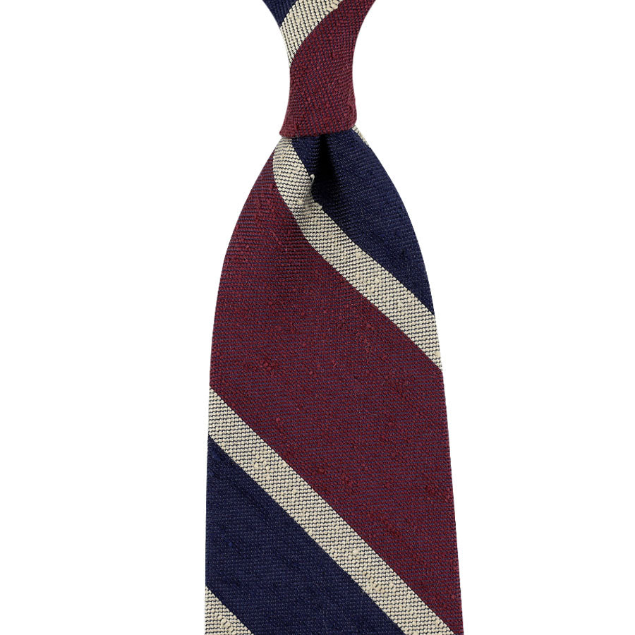 Striped Soft Shantung Silk Tie - Burgundy / Navy / Ivory
