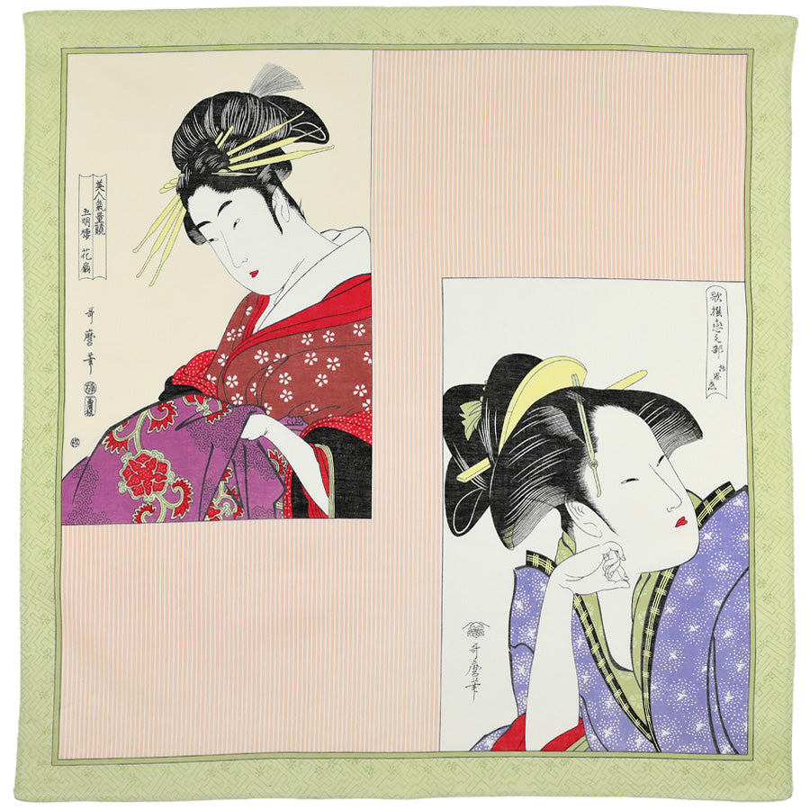 Ukiyo-e Motif Cotton Handkerchief - Green / Beige