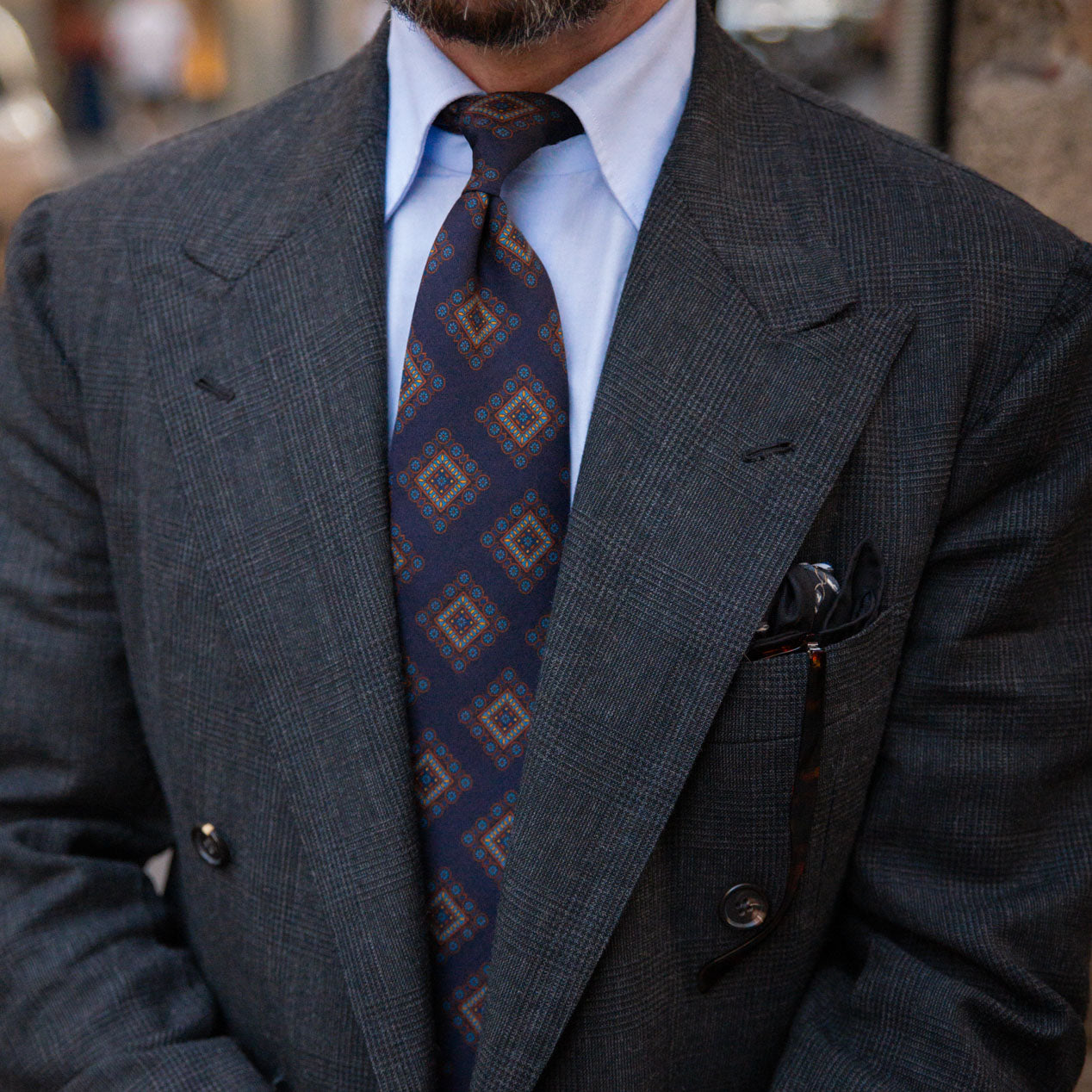 Floral Printed Silk / Wool Tie - Navy - Hand-Rolled