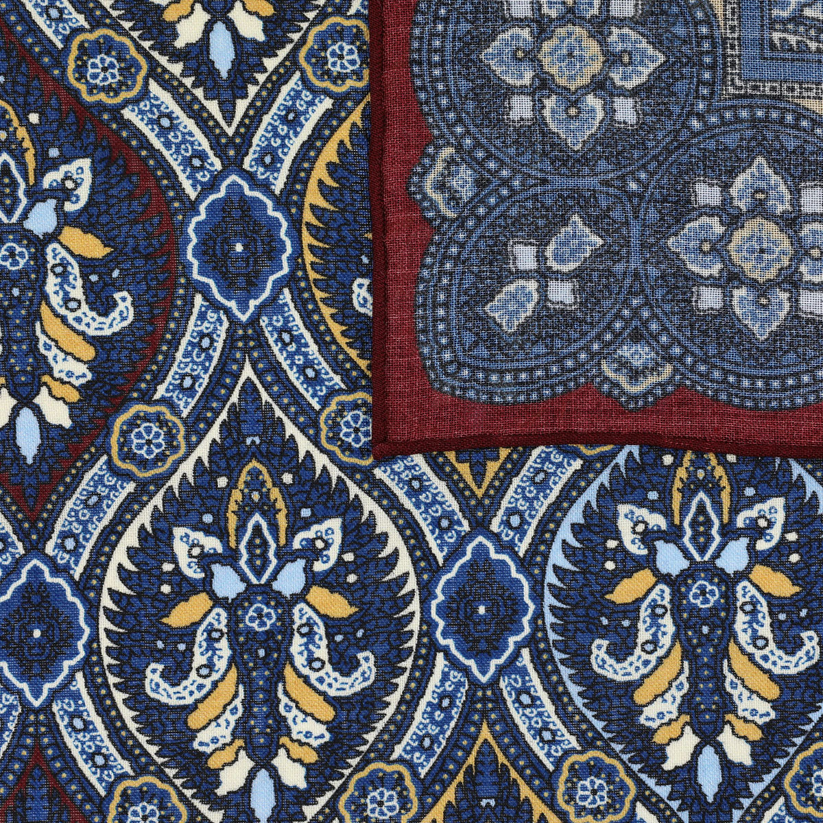 Paisley Motif Wool / Silk Pocket Square - Burgundy / Navy