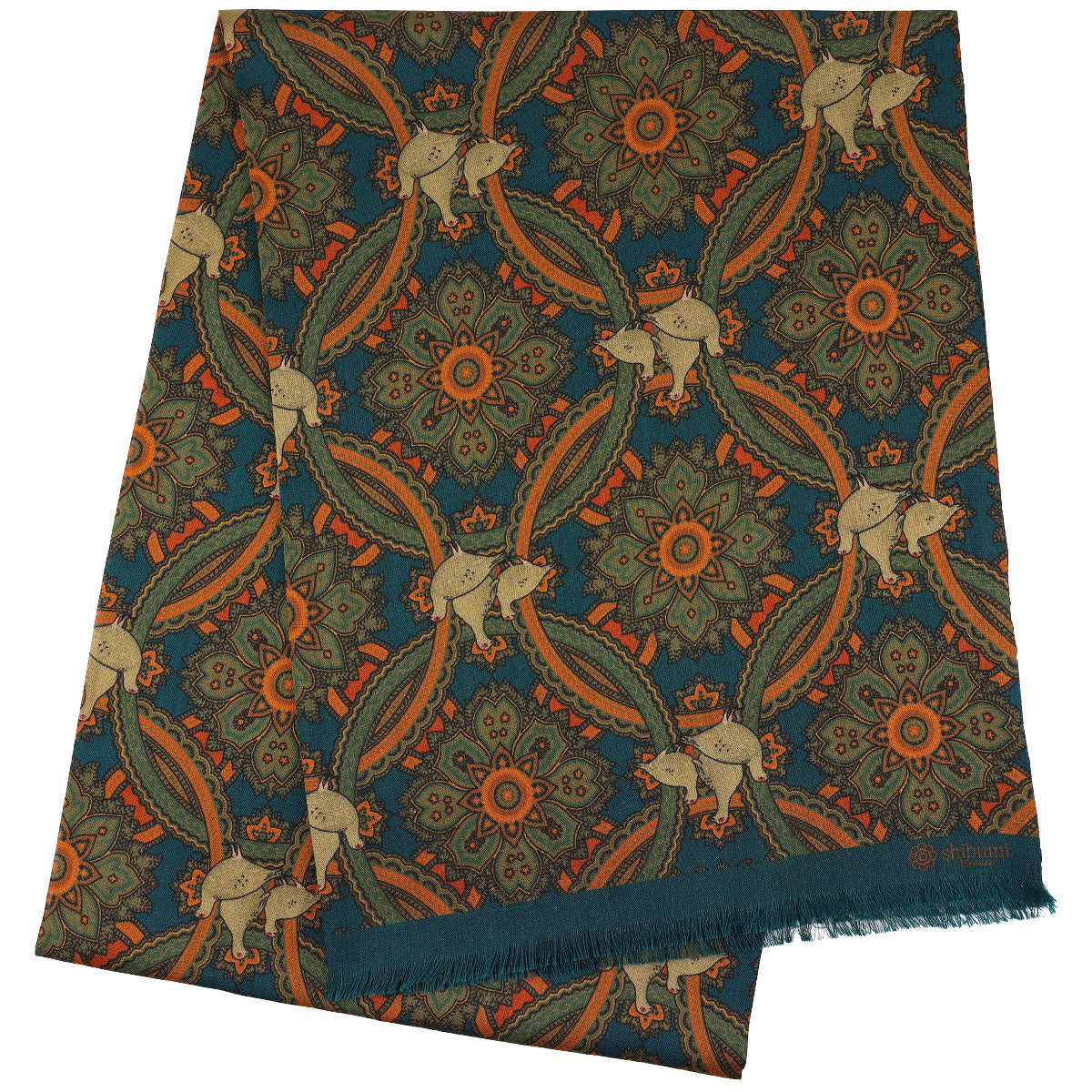 Animal Printed Wool / Silk Scarf - Petrol