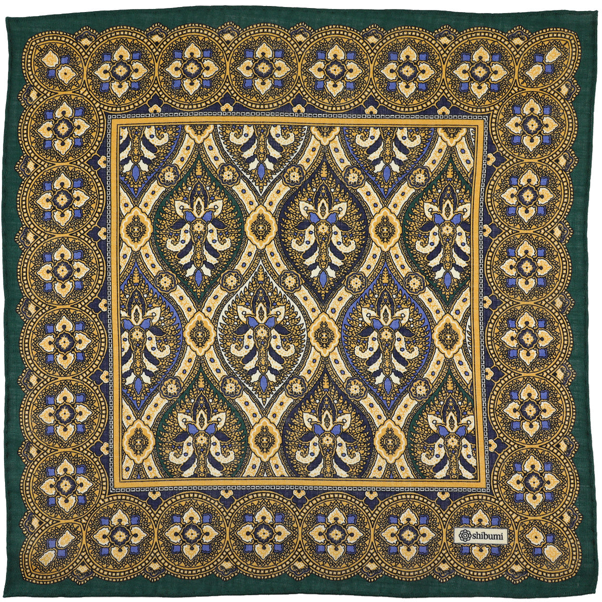 Paisley Motif Wool / Silk Pocket Square - Forest / Gold - 40x40cm