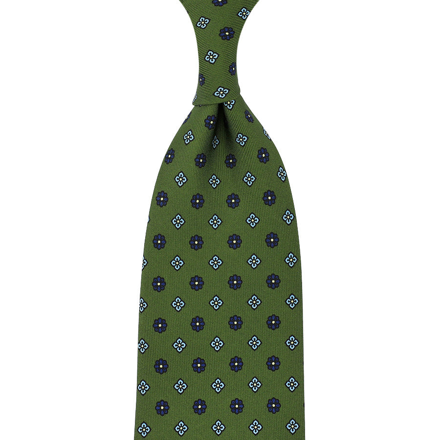 Floral Printed Silk Tie - Olive - Hand-Rolled