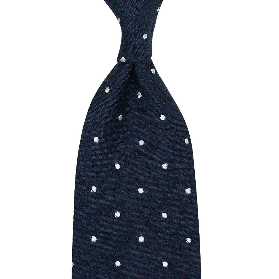 Dotted Shantung Silk Tie - Navy - Hand-Rolled