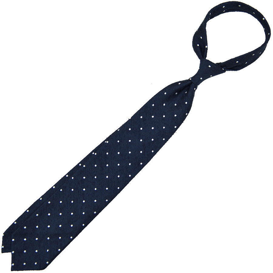 Dotted Shantung Silk Tie - Navy - Hand-Rolled