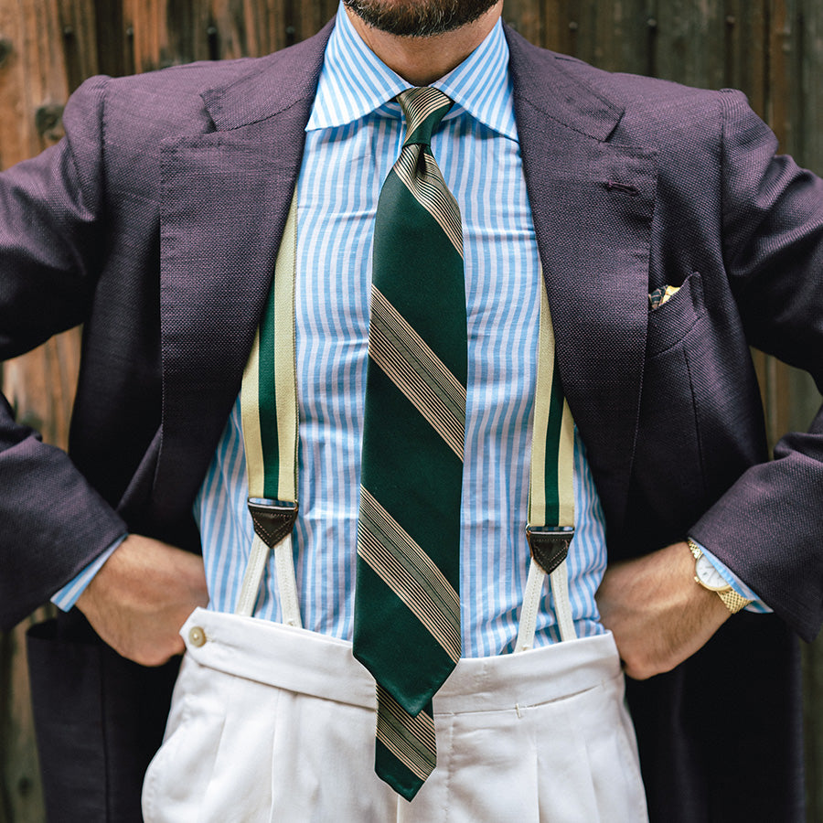 Japanese Repp Stripe Silk Tie - Forest / Beige