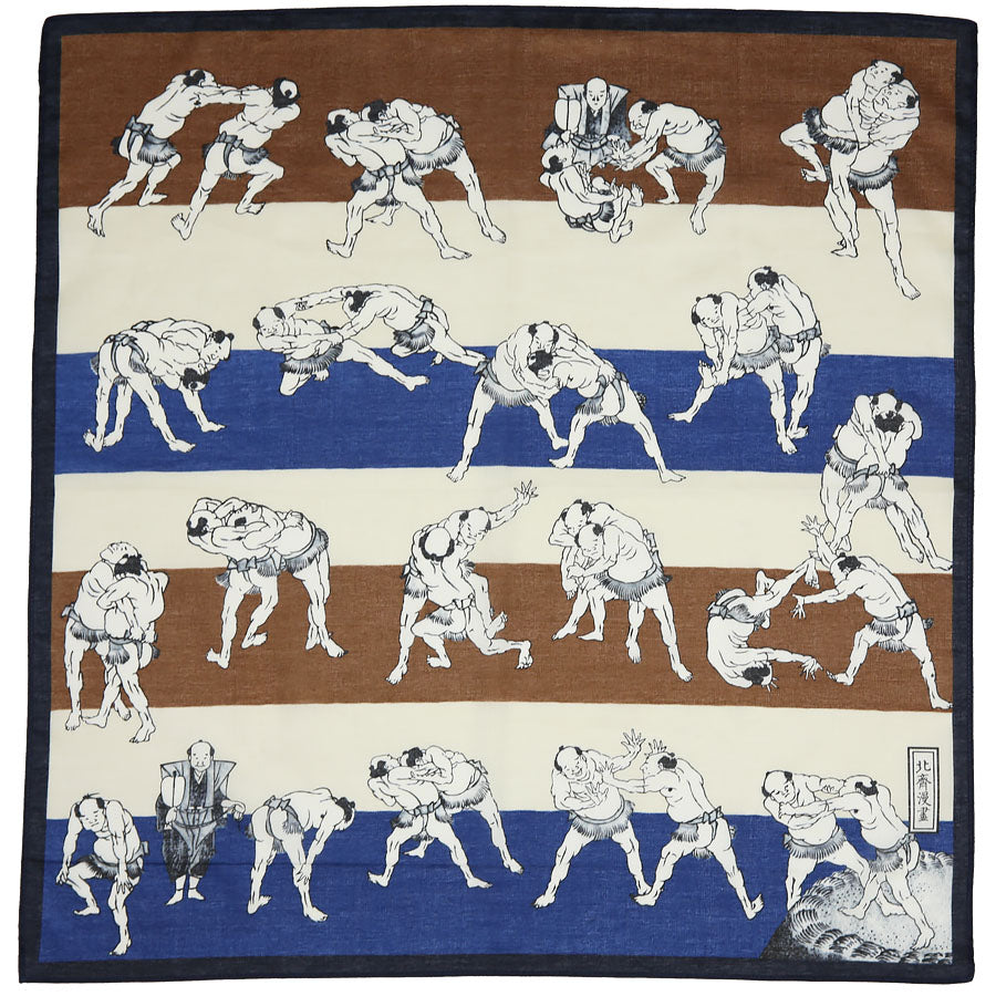 Ukiyo-e Motif Cotton Handkerchief - Navy / Brown