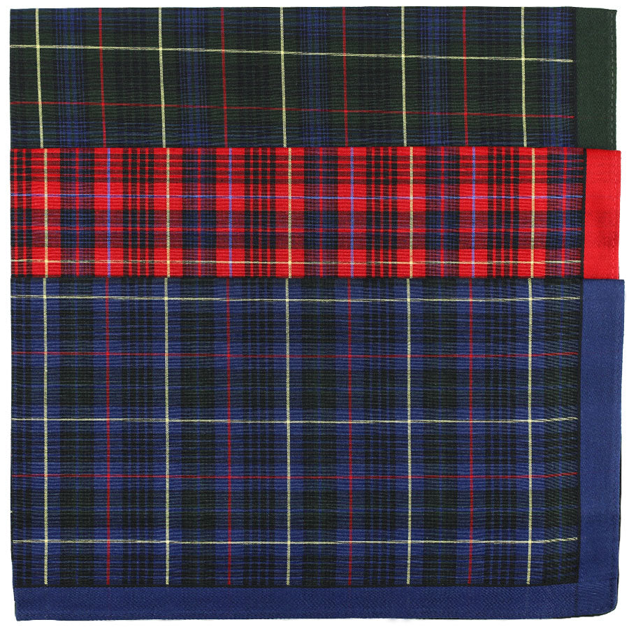 3x Checked Cotton Handkerchief Set - Navy / Burgundy / Forest