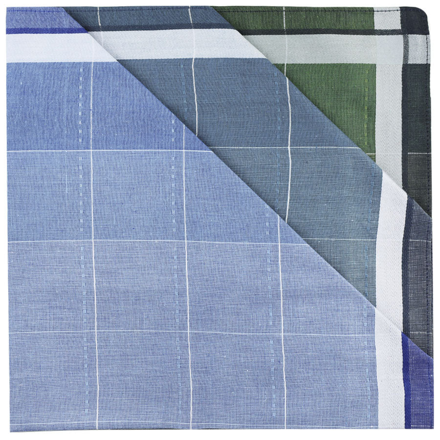 3x Checked Cotton Handkerchief Set - Forest / Navy / Light Blue