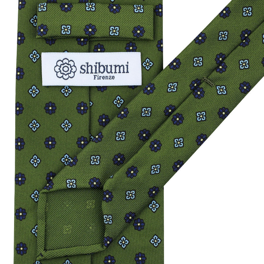 Floral Printed Silk Tie - Olive - Hand-Rolled