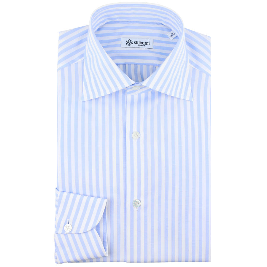 Poplin Semi Spread Shirt - White / Sky Blue - Bengal Stripe