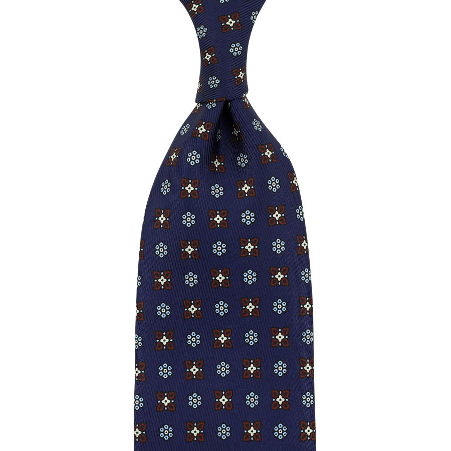 50oz Floral Printed Silk Tie - Navy - Hand-Rolled