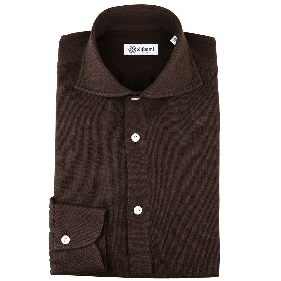 Long Sleeved Polo Shirt - Wide Spread - Brown - Regular Fit