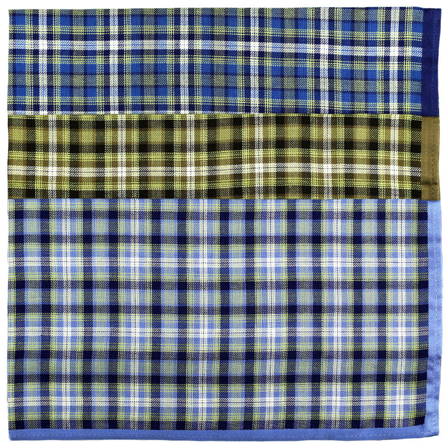 3x Checked Cotton Handkerchief Set - Navy / Olive / Sky Blue