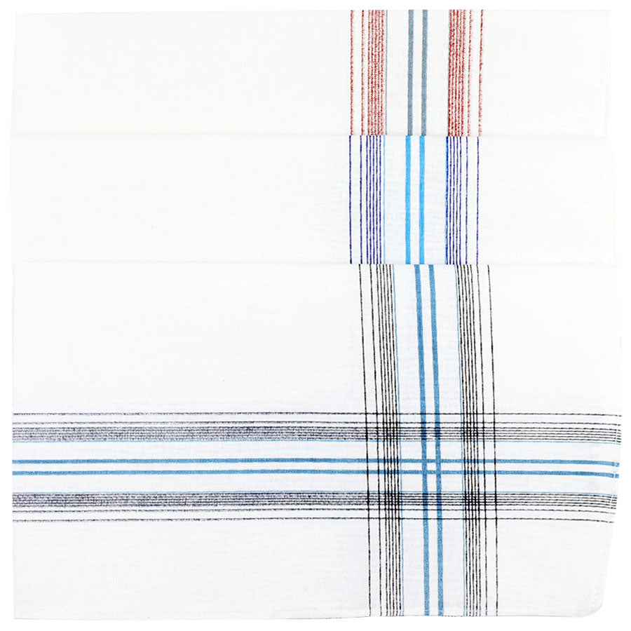 3x Striped White Cotton Handkerchief Set - Charcoal / Navy / Burgundy