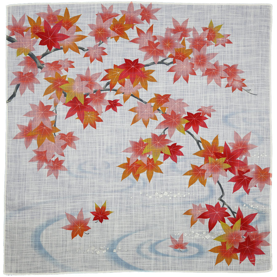 Momiji Leaves Motif Cotton Handkerchief - White / Red