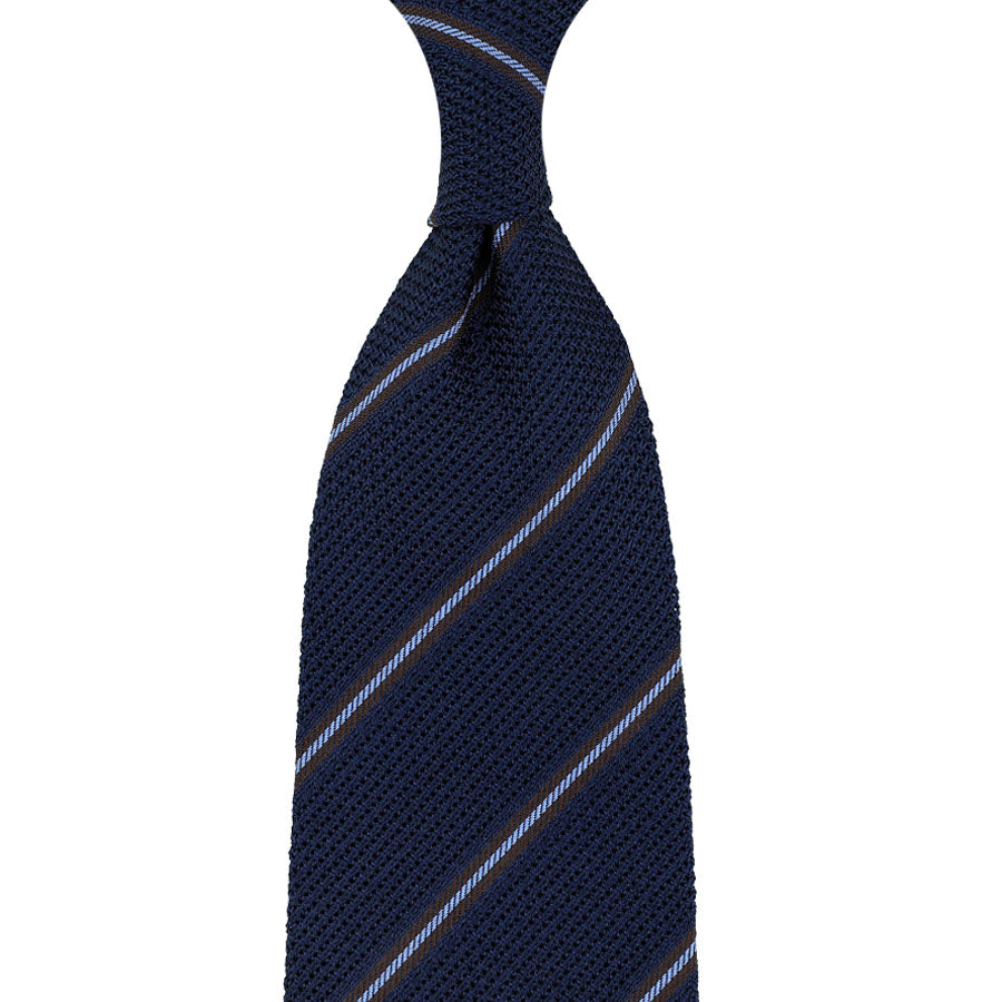 Striped Fina Grenadine Silk Tie - Navy - Hand-Rolled