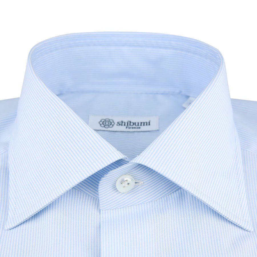 Poplin Semi Spread Shirt - White / Light Blue - Hairline Stripe