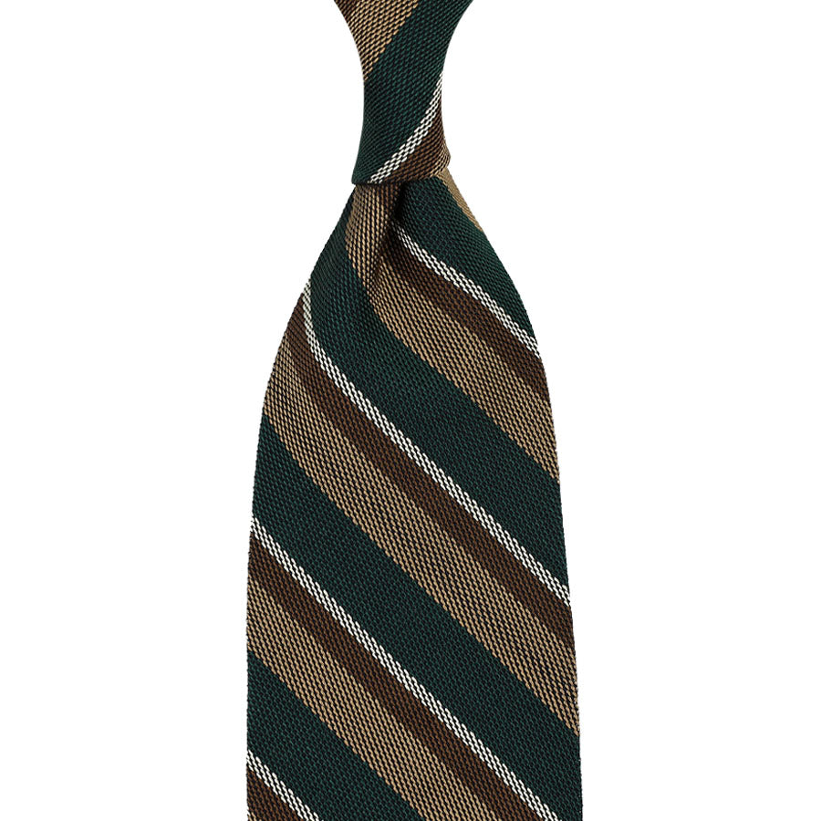 Striped Fina Grenadine Silk Tie - Forest / Beige - Hand-Rolled