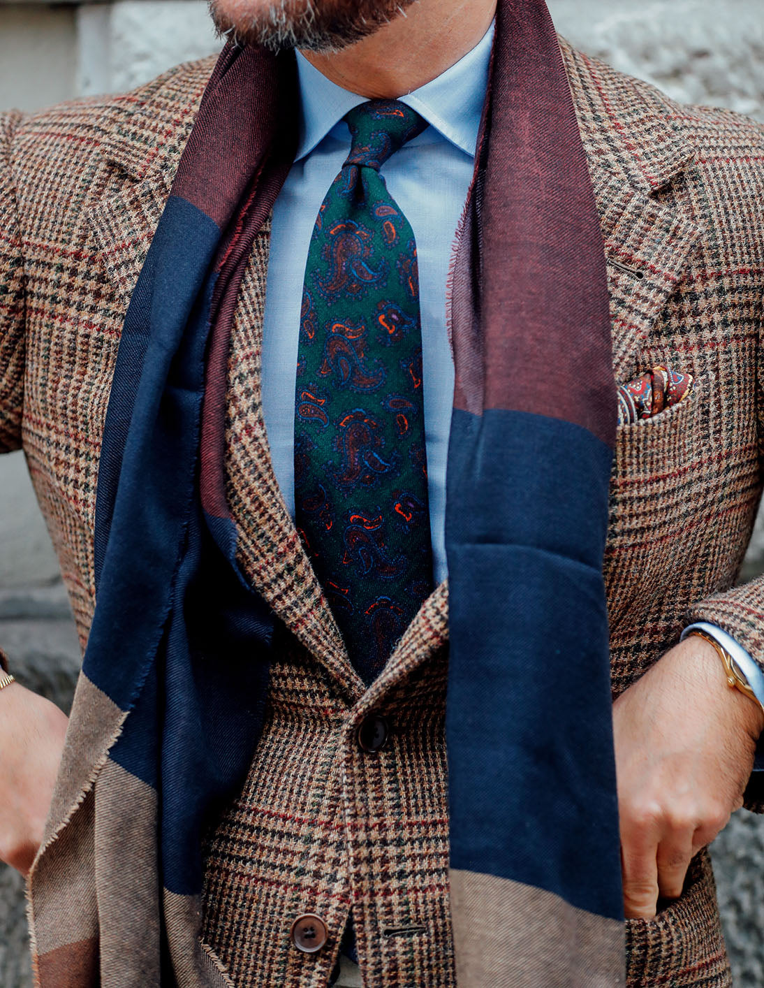 Striped Wool / Silk Scarf - Burgundy / Navy / Brown