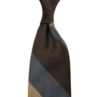 Super Repp Stripe Silk Tie - Brown / Petrol / Beige - Hand-Rolled